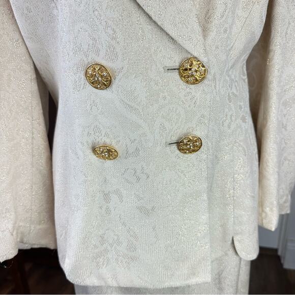 Vintage 80's Albert Nipon Skirt Suit Set Double Breasted Cream Gold Size 16 - Picture 6 of 8